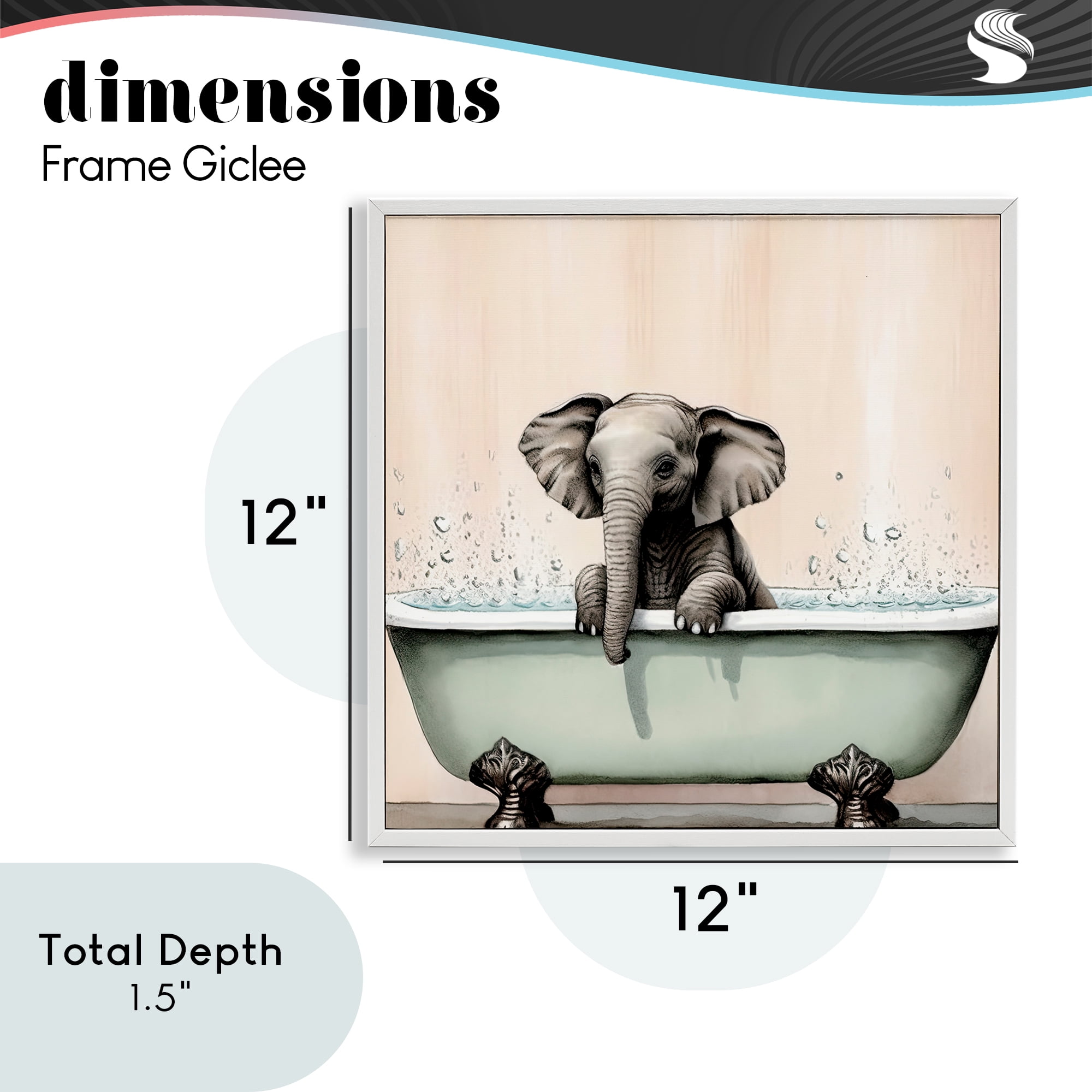 Baby Elephant Bathtime White Framed Giclee Art, design by Sasha