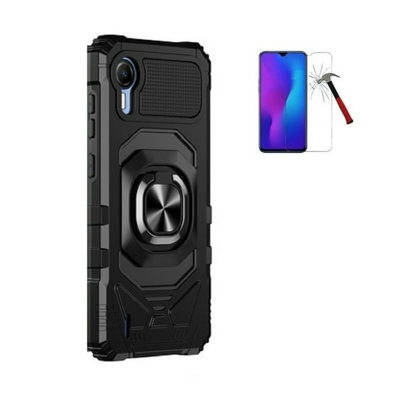 Phone Case for Cricket Debut S2/ AT&T Calypso 4 , Ring Kickstand Hybrid Case Cover   Tempered Glass (Black)