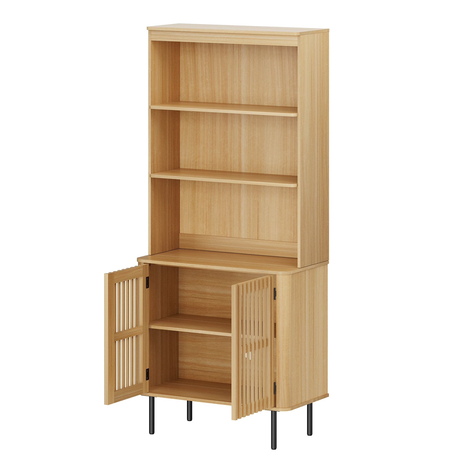 72.8" Tall Bookshelf with Doors - 3 Tiers Large Modern Bookcase with Adjustable Shelves, Oak
