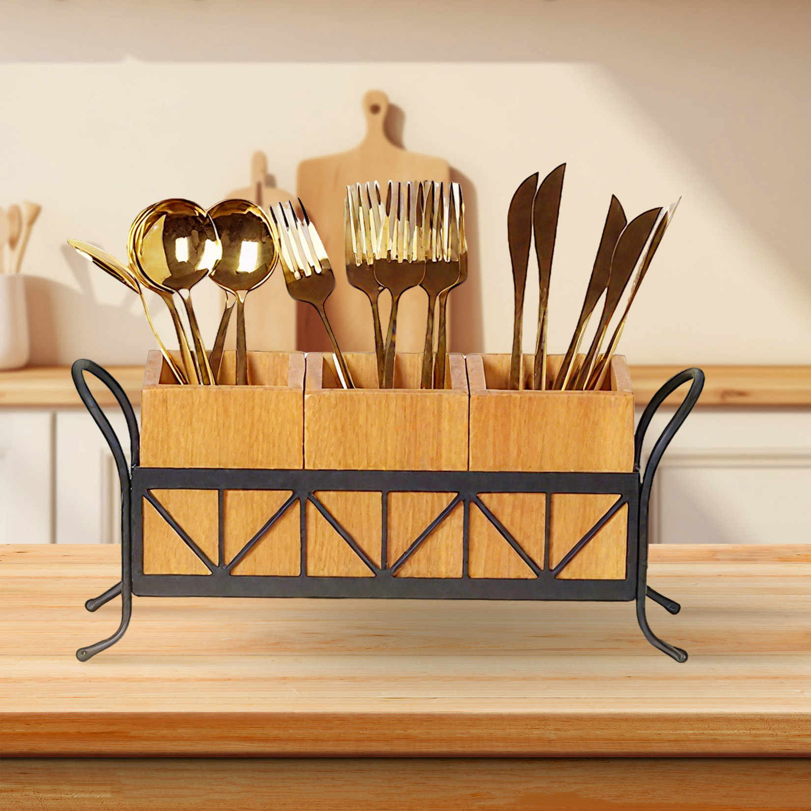 Waterproof Wooden Flatware Caddy Silverware Holder, Acacia Wood Utensil Holder with 3 Detachable Compartments & Handles, Fork Spoon Knife Organizer for Party BBQ