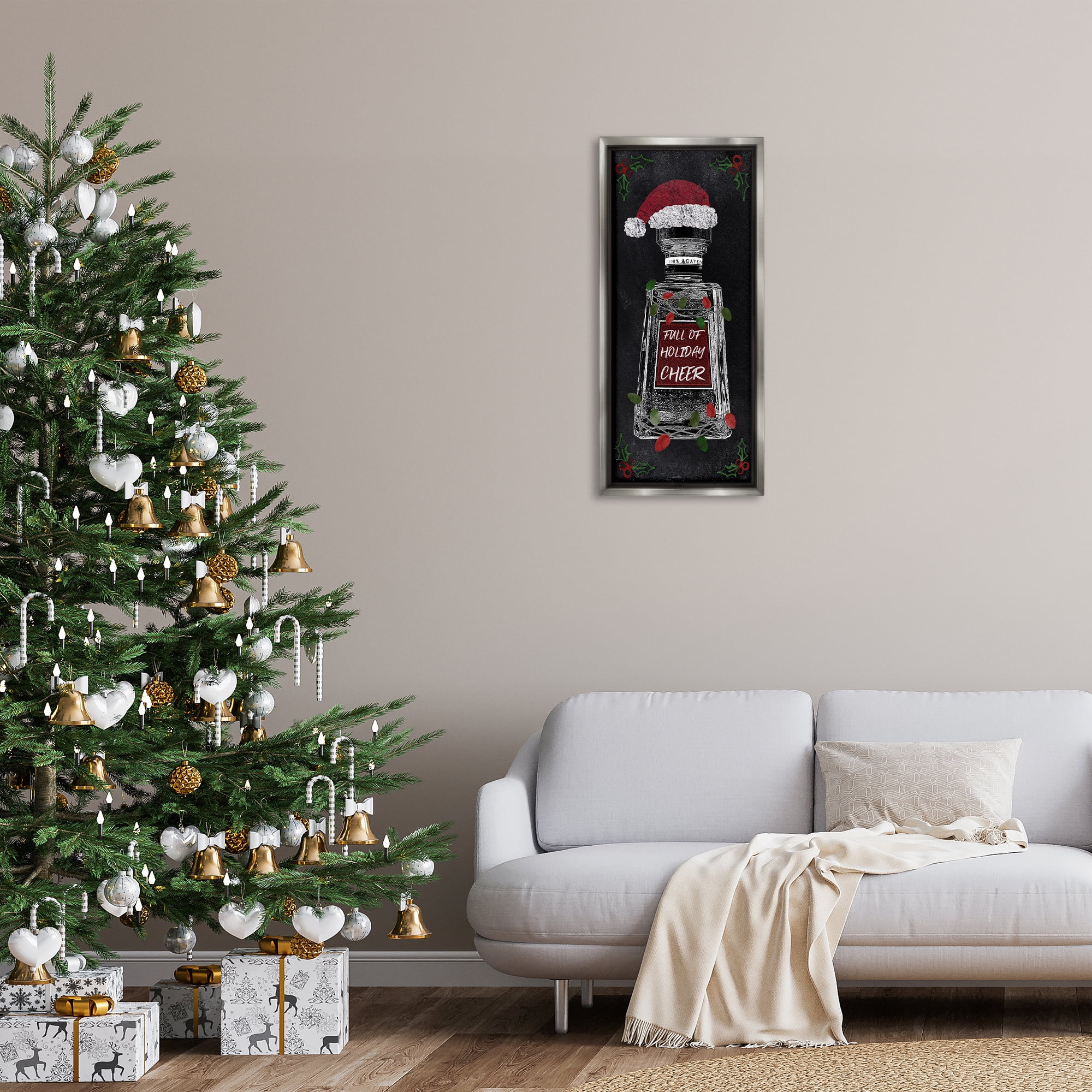 Stupell Industries Holiday Cheer Bottle Holiday Painting Gray Floater Framed Canvas Art Prints Wall Art, 15 x 31