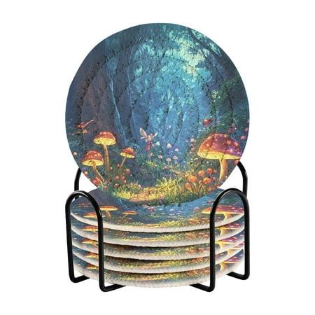 

6-Pack Polyester Coil Coasters with Holder - Heat-Resistant (140℃) Non-Slip & Durable，Colorful Mushrooms