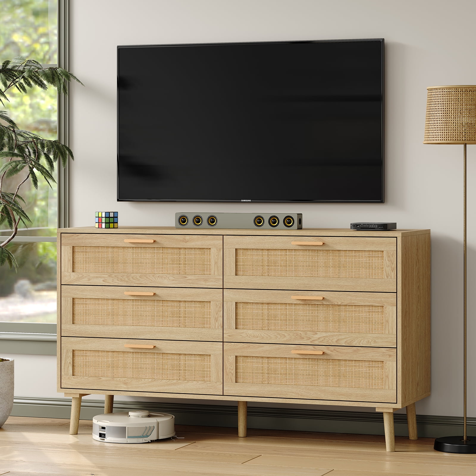 Furnihold Rattan Dresser for Bedroom 47.3''W 6 Drawer Dresser Modern Dressers & Chests Wood Natural Dresser Beside Table for Living Room, Hallway