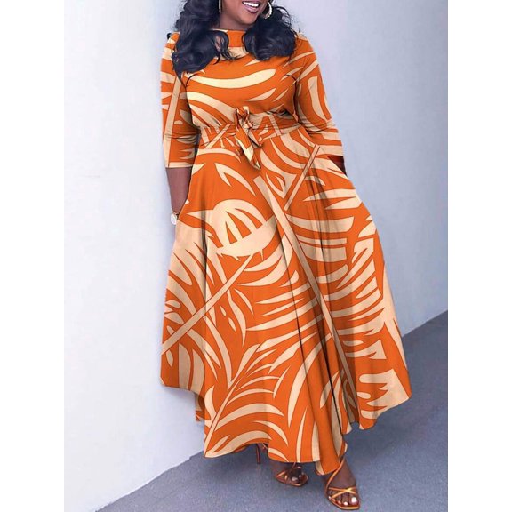 Orange Plus Size Summer Elegant Modest Floral Print Long Sleeve Cinched Waist Flared Maxi Dress