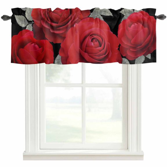 Happy Valentine's Day Rod Pocket Curtain Valance, Romantic Red Roses Black Farmhouse Window Valance for Living Room, Bedroom, Kitchen 60"W x 18"L