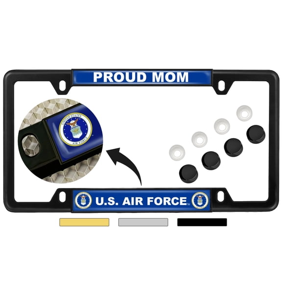 [Officially Licensed Product] - U.S. Air Force Proud Mom - Domed Custom-Made Personalized Narrow (Thin) Top 4 Hole Metal Car License Plate Frame with Free caps - Black (Qty: 1 Frame)