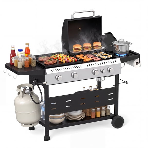 Costway 5-Burner Propane Gas Grill and Griddle Combo with Side Burner for Backyard, Patio Black