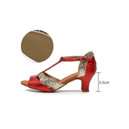 

Woobling Womens Dance Shoes Peep Toe Sandals T-Strap Heeled Sandal Non-Slip Chunky Heels Prom Dancing Jazz Shoe Red Gold Rubber Bottom 8