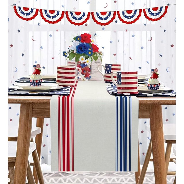 Chemin de Table Patriotique du 4 Juillet 72 Pouces de Long, Rayures Rouges et Bleues, Graphiques Simples en Toile de Jute, Parfait pour Café Dîner Célébrations de Parade