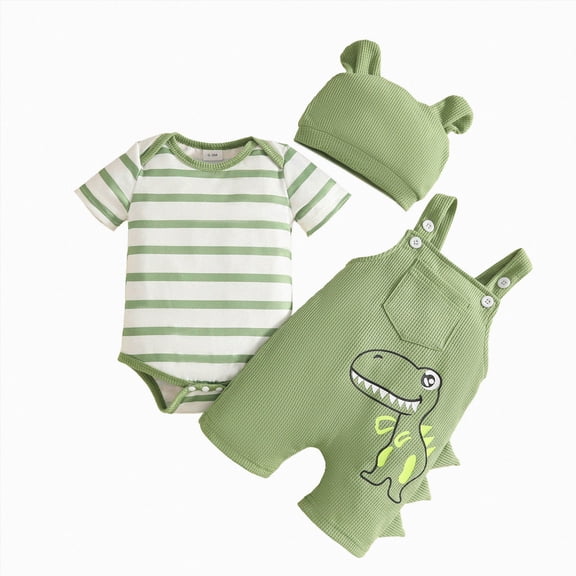 WUANDIXFA Baby Boy Clothes Set 3 6 12 18 Months Infant Bodysuit Top Animal Suspender Pants Hat Newborn 3Pcs Fall Outfit,Green,12-18 Months