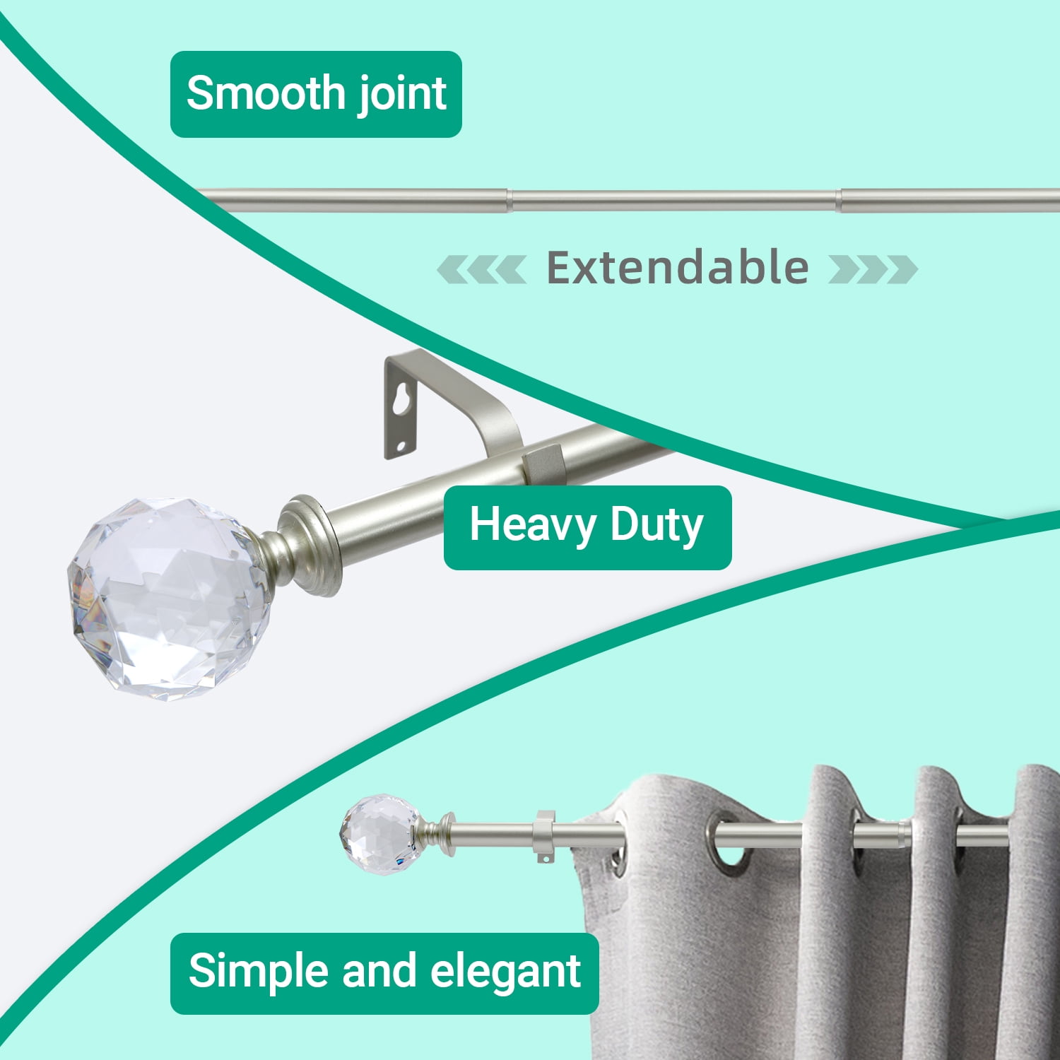 Curtain Rod Champagne Extendable Curtain Rod 48" to 120" Adjustable Curtain Rods Includes rods, ball finials, 3piece brackets, hardware kits