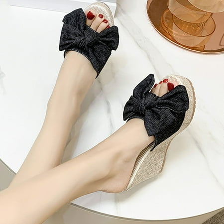 

Wavsuf Wedge Sandals for Women Casual Summer Bow Black Slippers Size 7.5