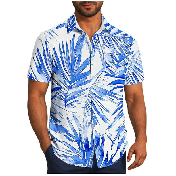 Mens Casual Manga Corta Botón Abajo Camisas Impresas Bolsillo Botón Turndown Cuello Top Blusa Camisa