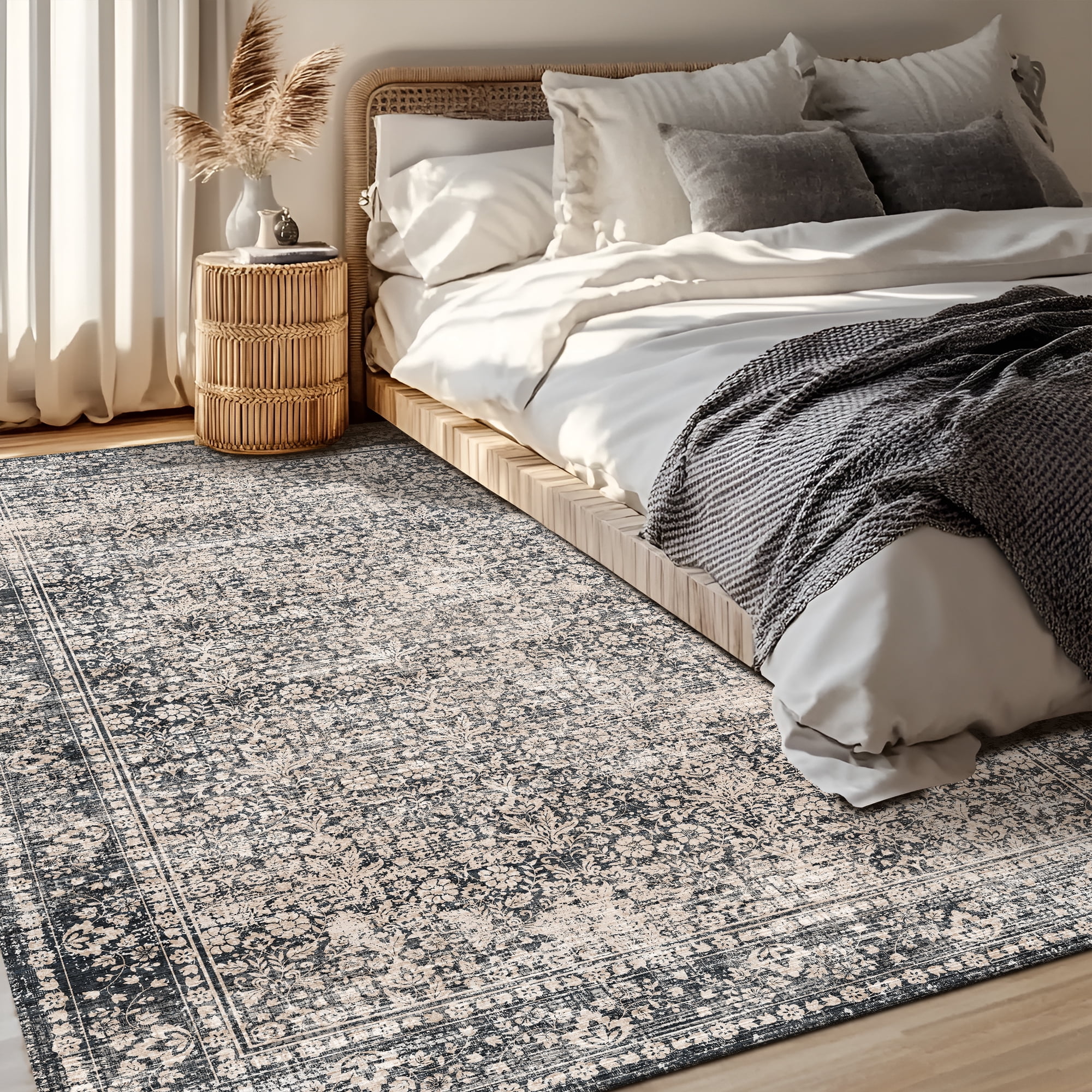 Pentantan 9'x12' Area Rugs, Washable Vintage Boho Rugs for Living Room, Retro Soft Indoor Carpet for Bedroom, Dining Room, Office, Black