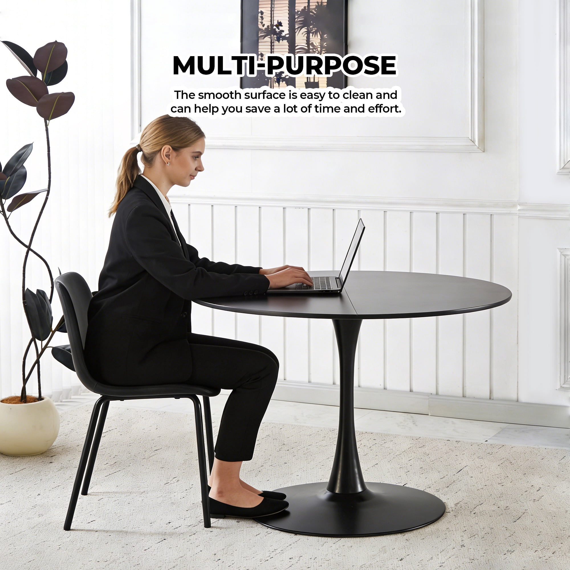 Mintazer 42.1" Large Round Dining Table Top Tulip Table for 4-6 People, Mid-Century MDF Kitchen Table for Dining Room, Black