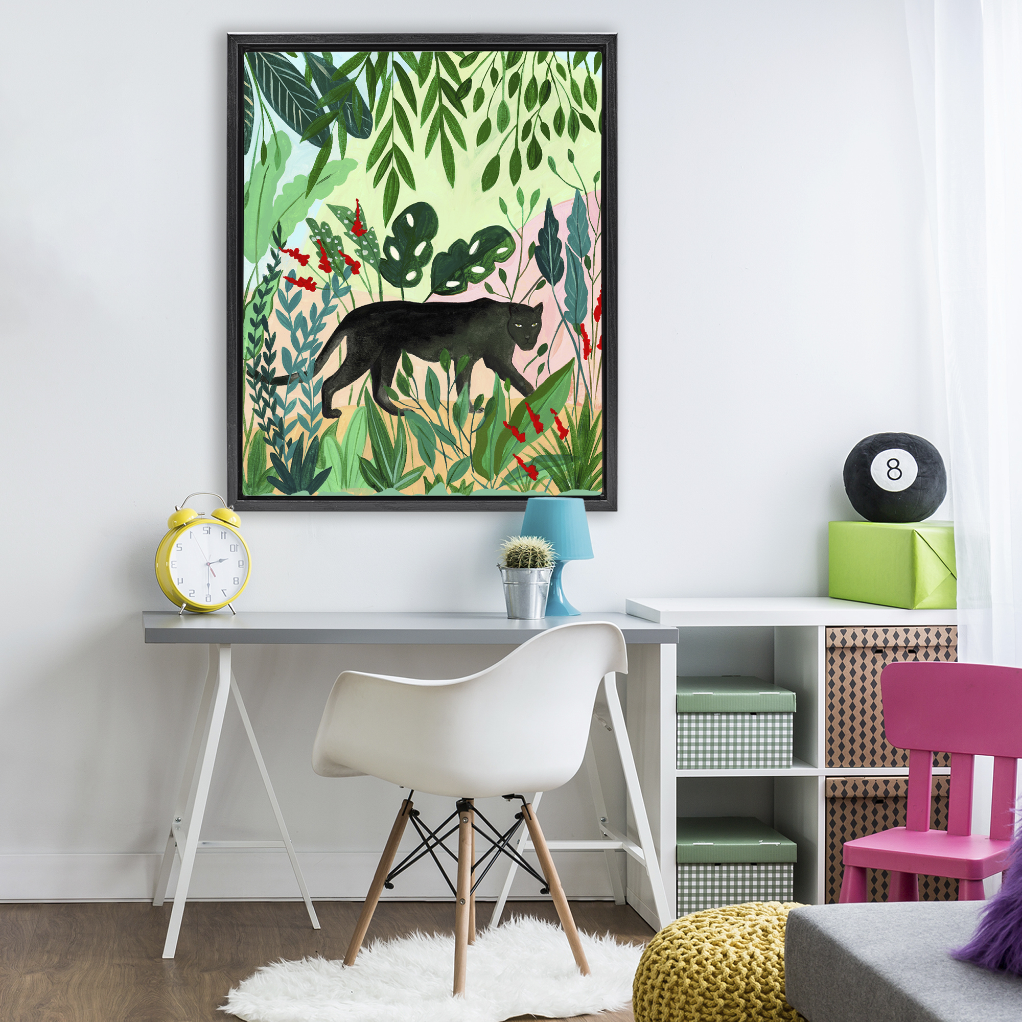 Stoic Panther Tropical Forest Black Framed Floater Canvas Wall Art, design by Nabeela Rumi