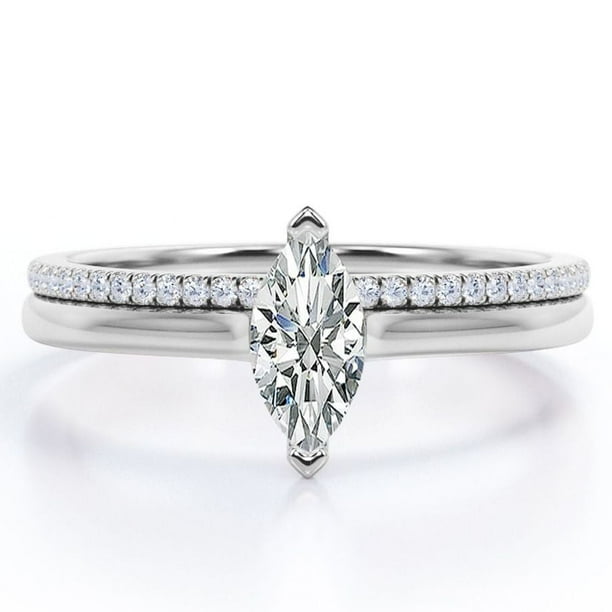 JeenMata Anillo de Bodas con Solitario de 1,75 Quilates de Talla Marquesa y Cuerpo Pavé, Engastado en Oro Blanco de 18 K sobre Plata (Personaliza Tu Anillo de Bodas)