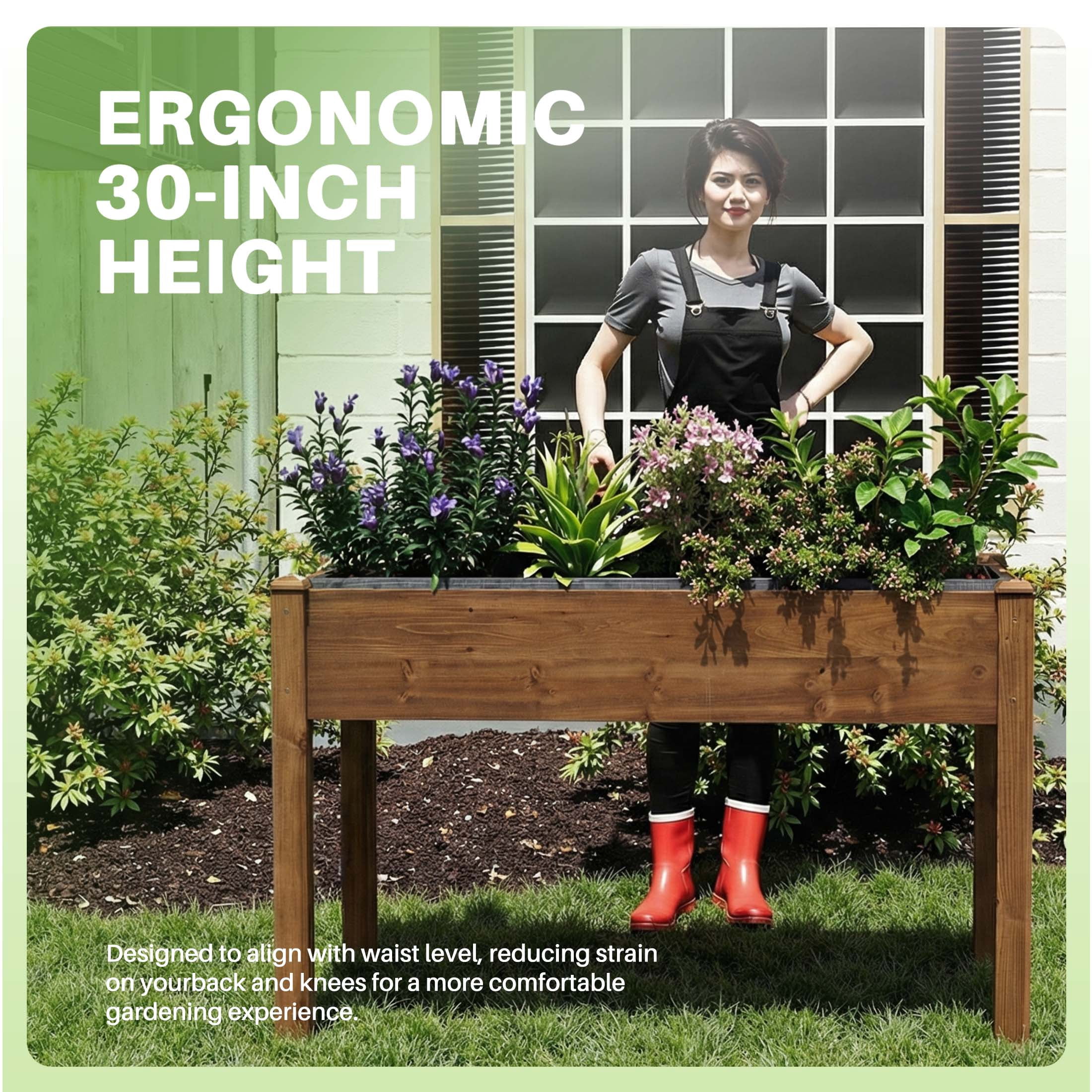 CONCETTA Wooden Raised Garden Bed - Elevated Planter Box with Drainage & Liner, 48" x 24" x 30" for Backyard/Patio/Balcony (Brown)