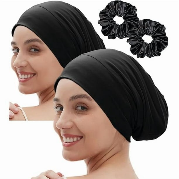 wonima11 Satin Bonnet for Sleeping Night Cap, Satin Lined Silk Bonnet Large Sleep Cap for Curly Braids Hair Beanie Black Women