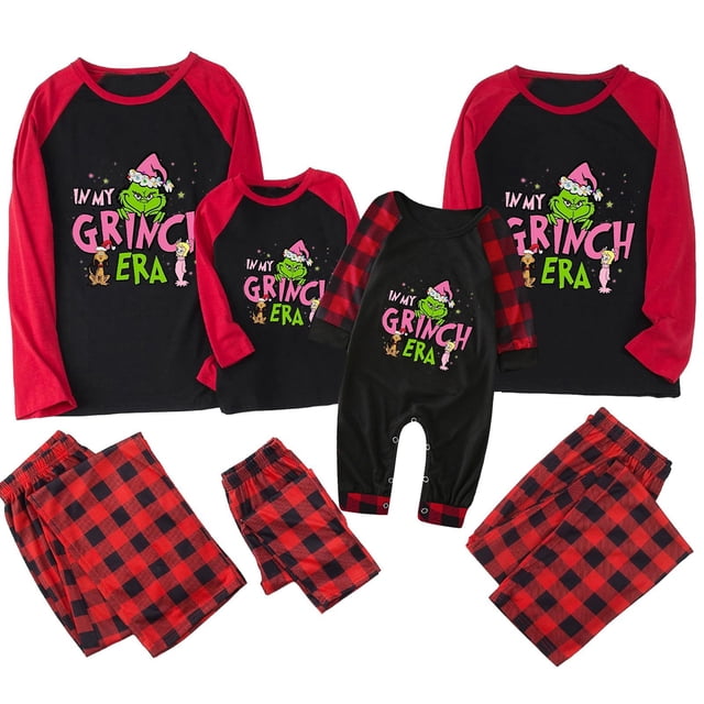 Conjuntos de pijamas navideños familiares a juego Grinch 2024, pijama de Grinch con parte superior y pantalones de pijama a cuadros, pijama de Grinch para niños y adultos para la familia, Mujer M