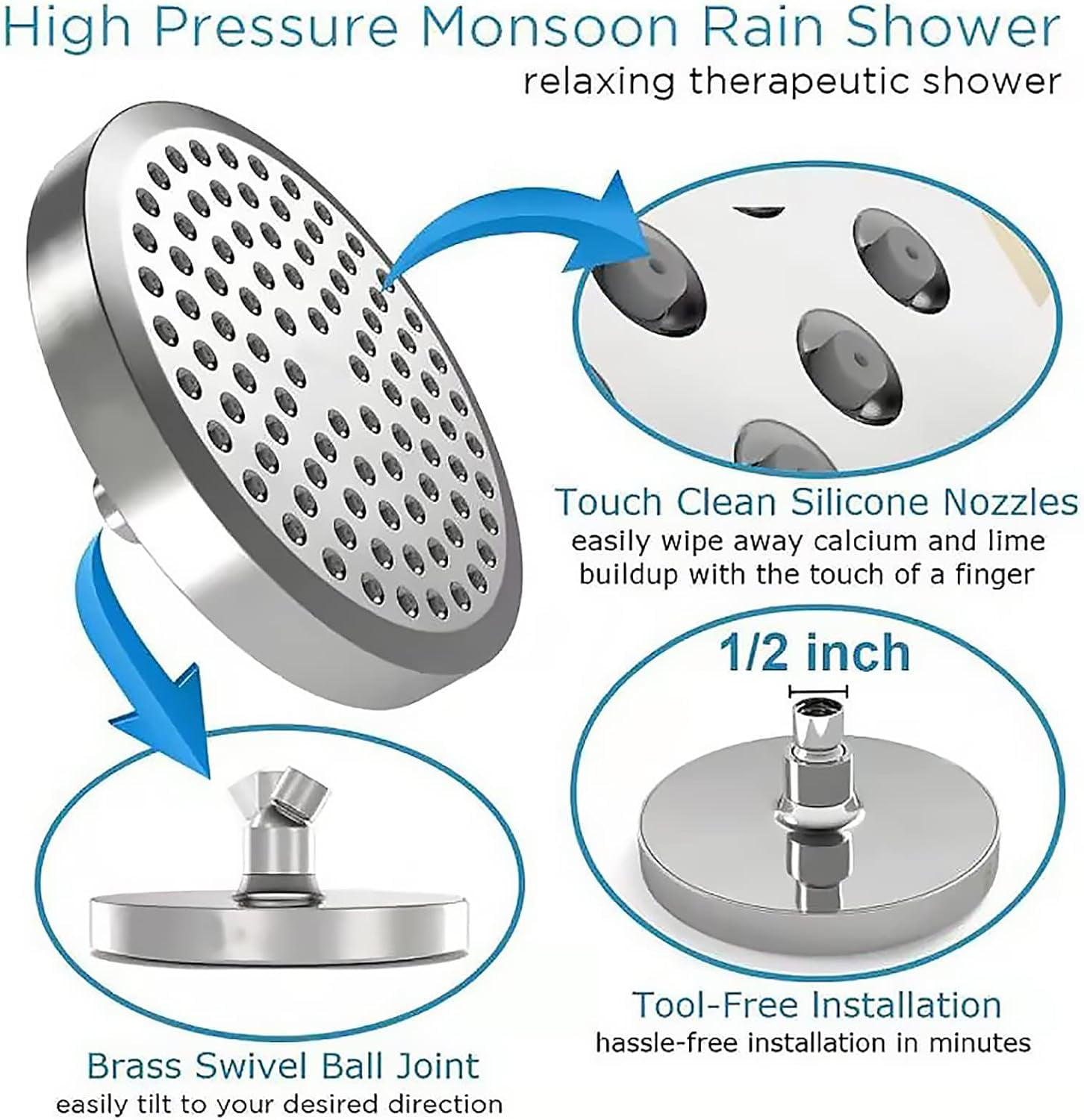 Rainfall Shower Head with Filter 6 Inches Fixed Rain Showerhead High Pressure Anti-Scaling Bathroom Showerhead Round 360° Adjustable Fixed Shower