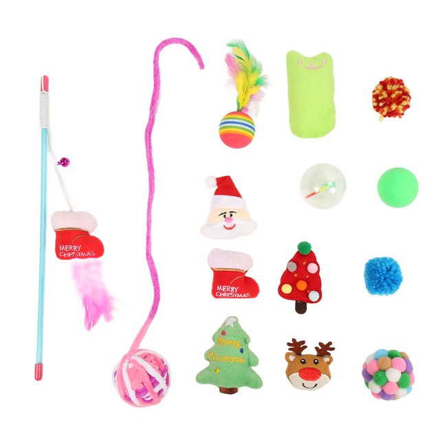 14 Uds. De juguetes navideños para gatos, divertidos interactivos, plumas coloridas, juguetes de peluche, calcetines, juguetes para gatitos con temática navideña