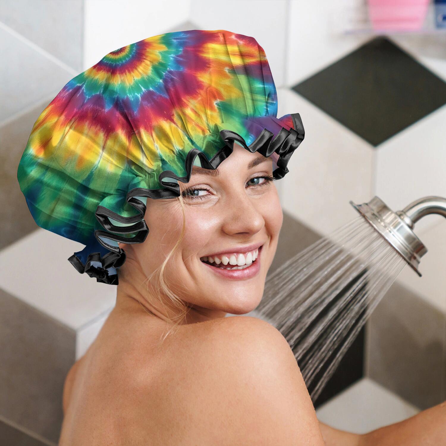 Shower Caps,Colorful Rainbow Tie Dye Spiral Pattern Waterproof Shower Cap for Women 4 Pieces,Double Reusable Hair Cover for Shower PEVA Elastic Stretch Hem