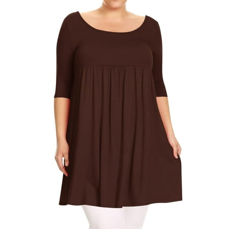

Women s Plus Size 3/4 Sleeves Scoop Neck Babydoll Solid Tunic Top Dress Made in USA