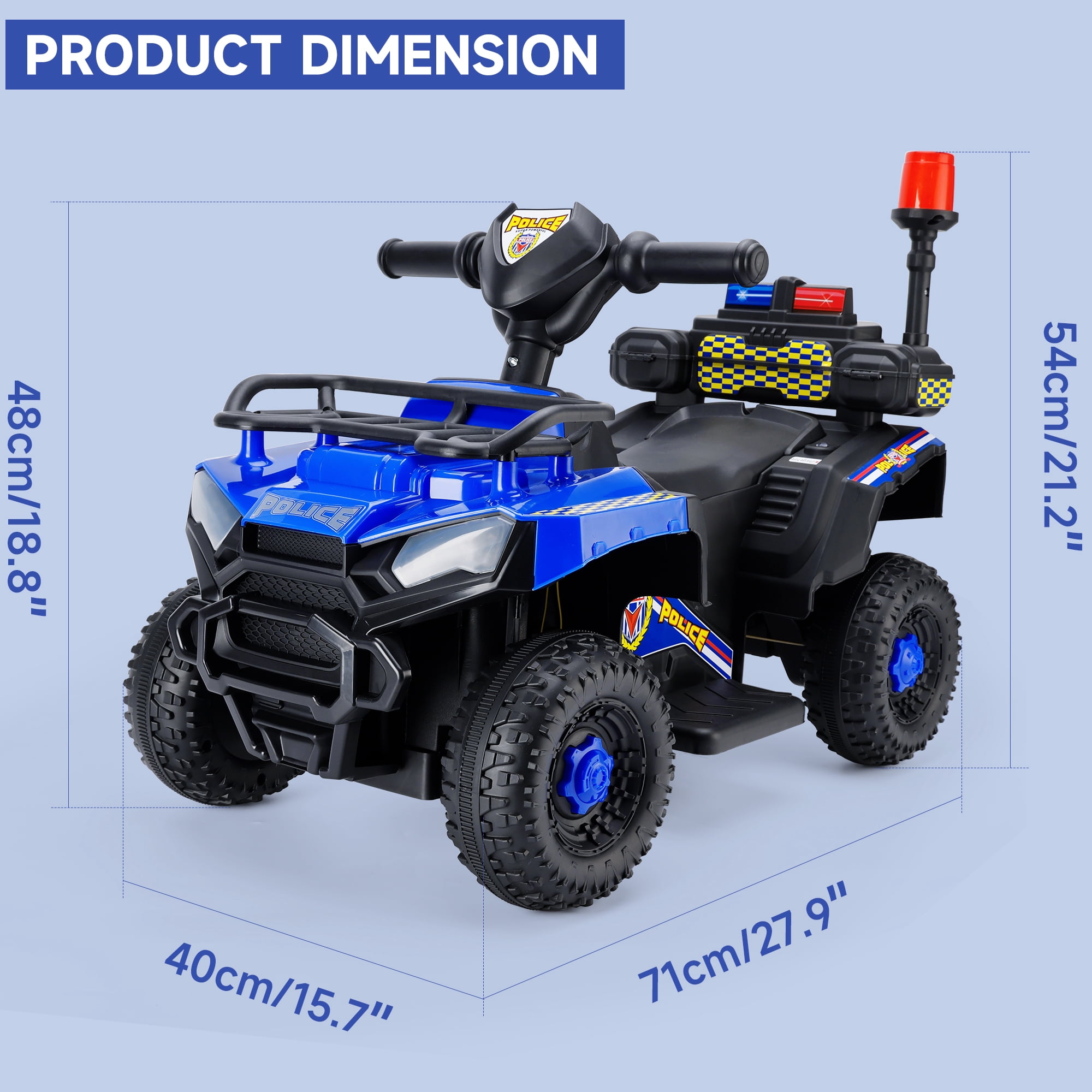 Bruce&Shark Police Car Ride on, Electric ATV Four Wheeler for Kids, Powered Ride on ATV Toys, Cop Cars with Siren, Flashing Lights, Blue