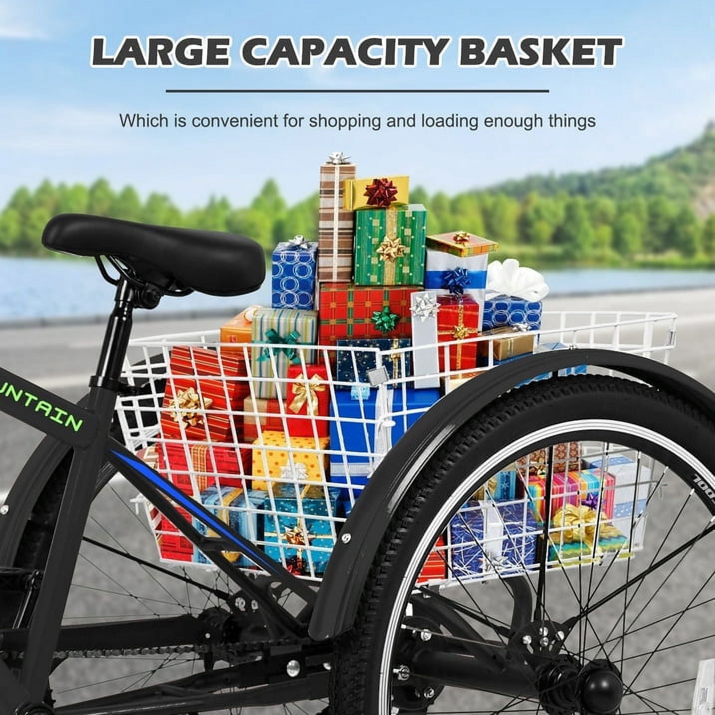 ABORON 24/26/27.5 Inch Adult Mountain Tricycle, 7-Speed Three Wheel Bike with Basket, Black