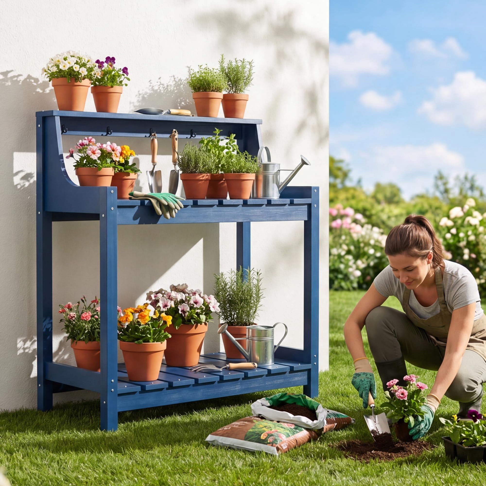 HDPE Outdoor Potting Bench, All-Weather Garden Potting Table with 3-Tier Storage, 43.3" Ergonomic Workstation for Patio, Backyard and Garden