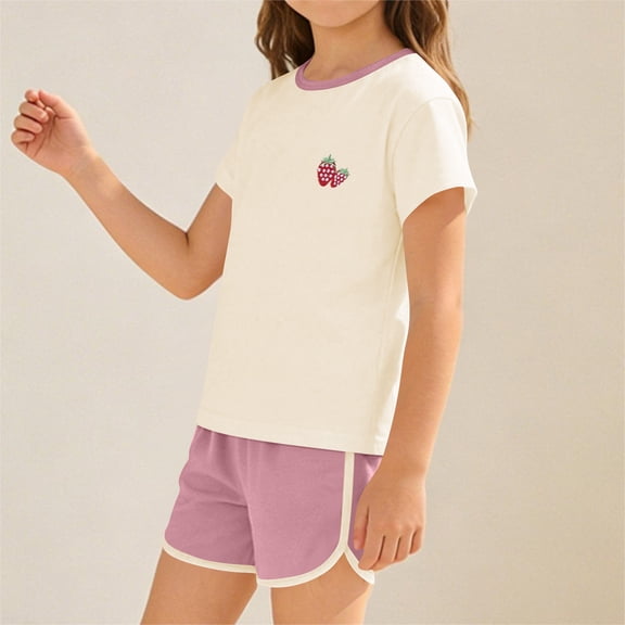 Cethrio Girls Cotton Outfit Sets, 2 Piece Summer Soft Short Sleeve Kids Clothing sets Pink Size 4-5 T