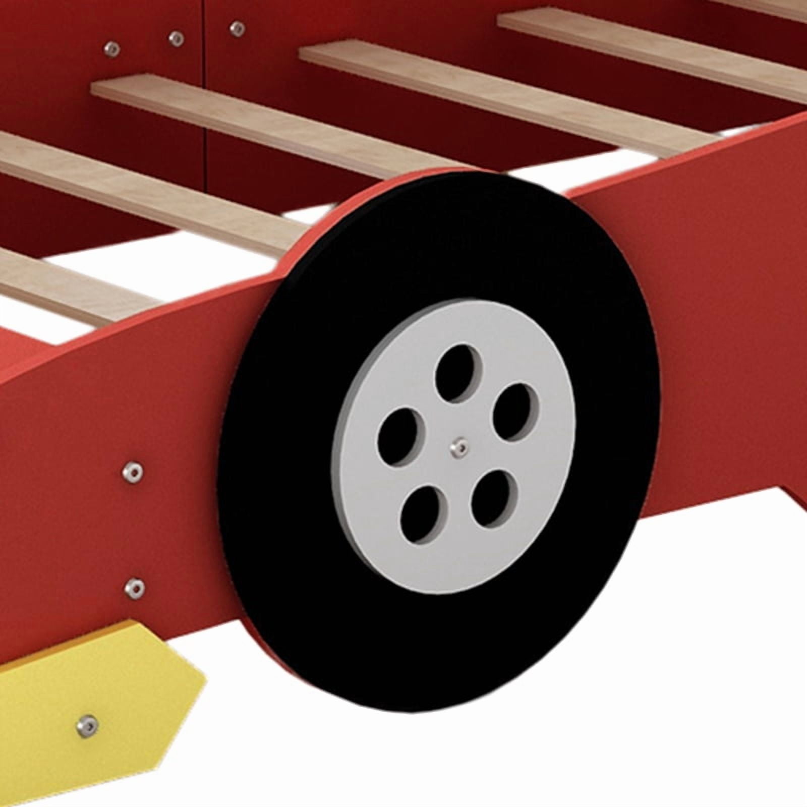 [Luckynote]Twin Size Race Car-Shaped Platform Bed with Wheels,Red