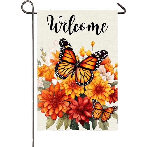 Floral Monarch Butterfly Garden Flag 12x18 Inch Double Sided Fall Flowers Butterflies Welcome Yard Flags for Outside Farmhouse Holiday Porch Outdoor Decorations