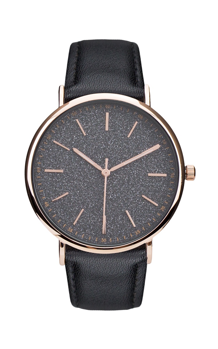 Black Leather Band Watch Women Men Watches Rose Gold Tone Black Dial