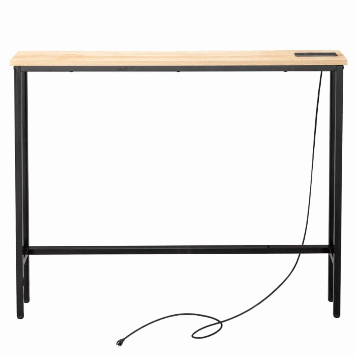 39.4" Narrow Console Sofa Table with Power Outlets and USB Ports, Skinny Couch Table with Metal Frame and Charge Station with 4.9ft Extension Cord, Oak