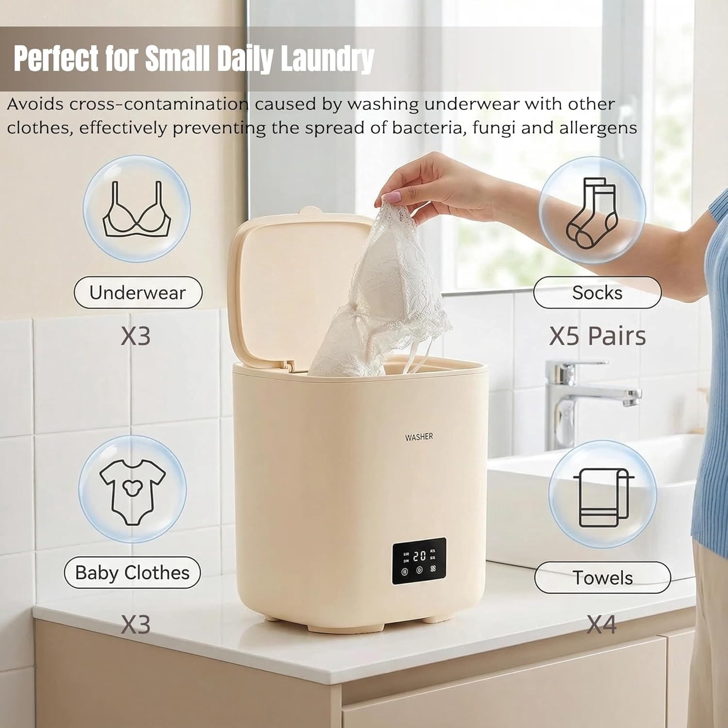Automatic Portable Washing Machine, Mini Washer with Quiet and stable operation, Top Load, Compact for Dorms, Travel, Underwear & Socks, water inlet connection