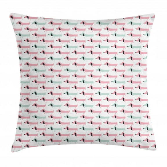 Dachshund Throw Pillow Cushion Cover, Pattern with Funny Stylized Cartoon Sausage Dogs, Decorative Square Accent Pillow Case, 24" X 24", Pale Seafoam Pale Pink and Charcoal Grey, by Ambesonne