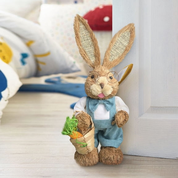 1Pc Large Standing Sisal Rabbit Figurine Easter Bunny Decor Easter Decorations for Home Bunny Figurines Tabletop Spring Decor 14 Inch Straw Bunny Couple Rustic Farmhouse Porch Decor