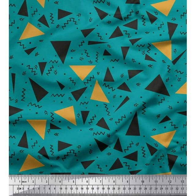 Soimoi Green Modal Satin Fabric Dot,Zig Zag & Triangle Geometric Print Fabric by the Yard 42 Inch Wide