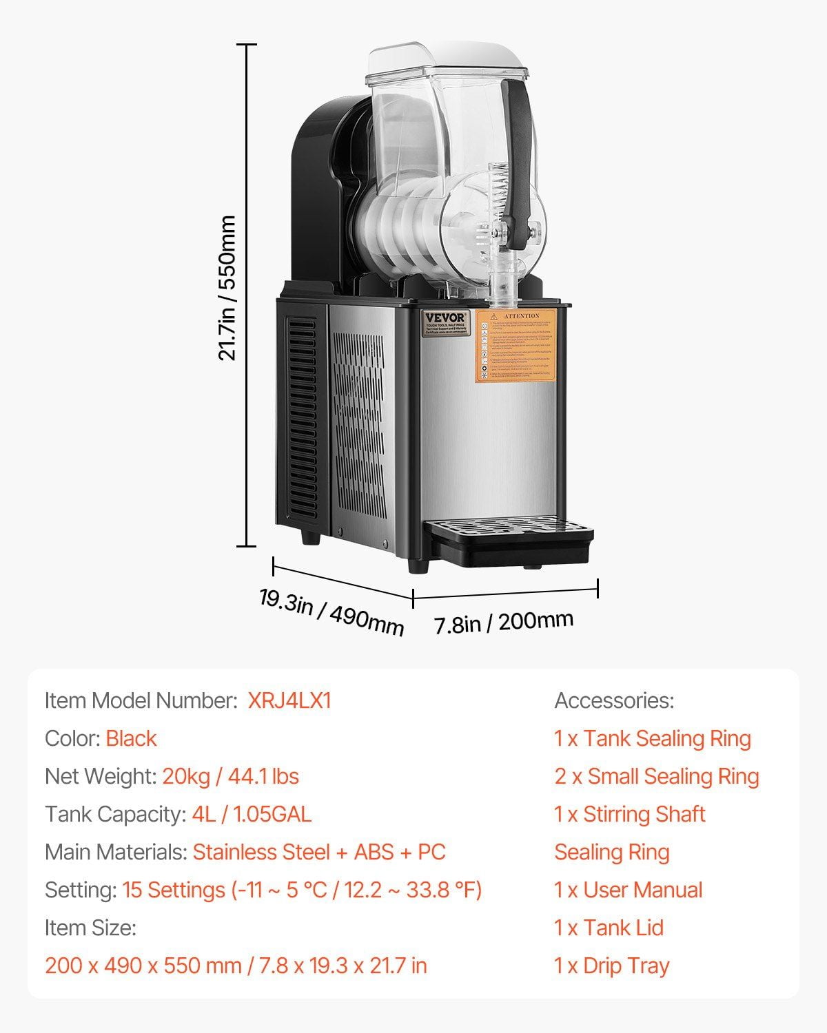 4L Stainless Steel Slushy Machine, Single Tank Frozen Drink Maker with 16 Cups
