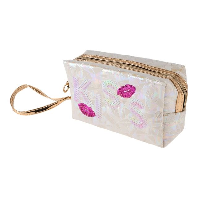1 Pc Bolsa de Maquillaje de Labios de Lentejuelas para Mujeres para Viajes Vacaciones Camping Rosa Blanca de Tela de Lentejuelas de PU