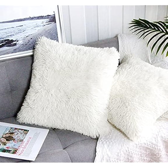 Eryueer 2 Packs Cream Fluffy Plush Pillow Cover 22"x22", Luxury Cream White Super Soft Fuzzy Artificial Fur Throw Pillow Case Cushion Cover for Sofa Bed, Cream 55x55 cm, Fall Winter Home Decorative