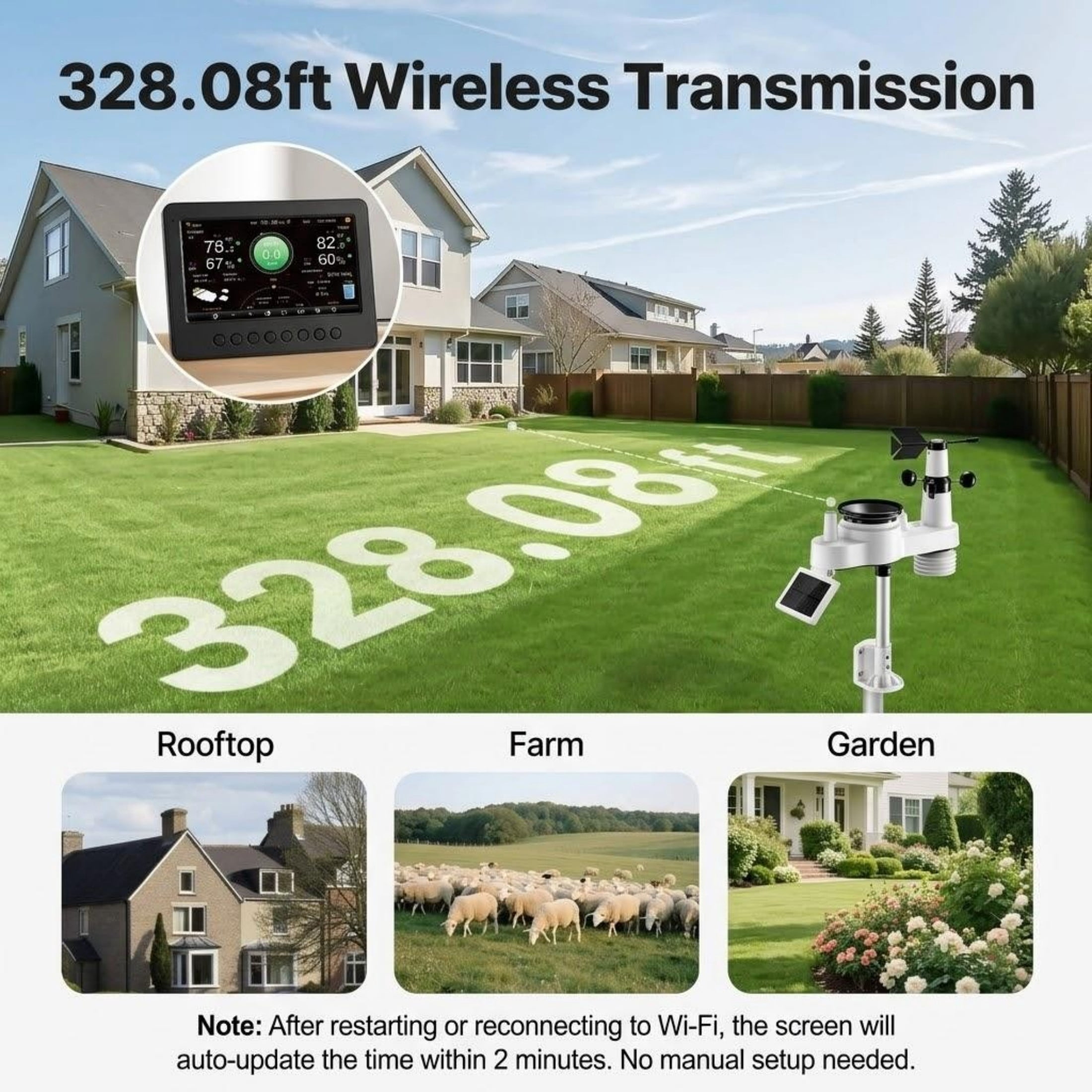 7-in-1 Wi-Fi Weather Station, 7" TFT Display, Wireless Solar Powered Outdoor Sensor with Rain Gauge, for Forecast, Wind Speed, Temp, Humidity, Rainfall