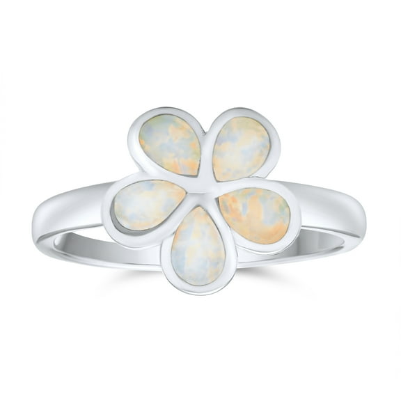 Bling Jewelry Womens White Created Opal Hawaiian Plumeria Flower Ring .925 Sterling Silver