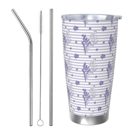 

Gaeub Stripes and Sprigs of Lavender Print 20-Ounce Stainless Steel Car Cup Tumblers Cups with Lids and Straw Coffee Cups for Adults Kids Home Car Office School Travel Party-Straw Three-piece Set