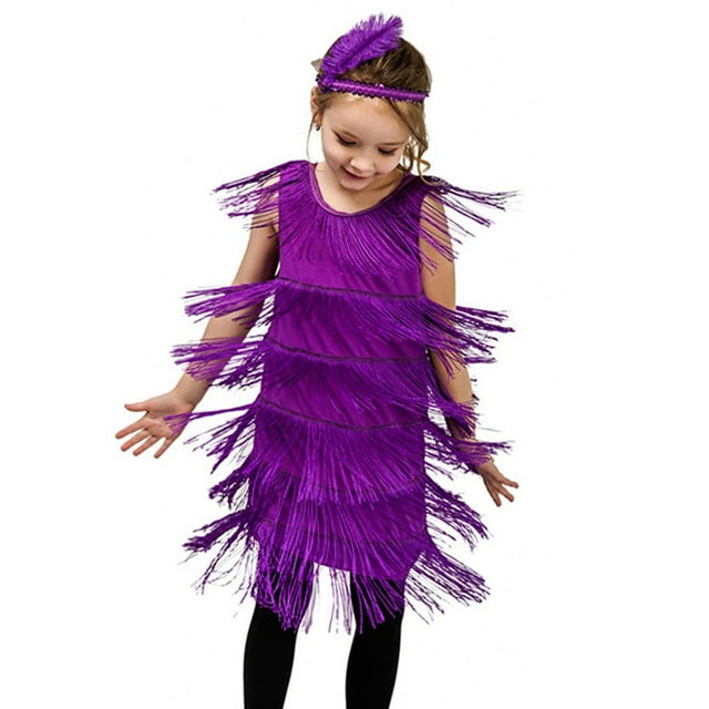WEIYLL Robes Filles Été Paillettes Franges Danse Latine Franges Tango Salle de Bal avec Bandeau Plume Robe Violette 10-12 Ans