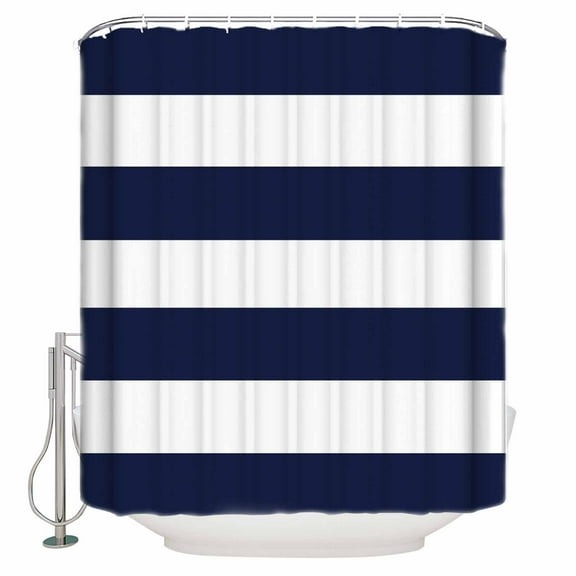 Navy Blue Stripe Shower Curtain, 66" x 72", Simple Style White Striped Waterproof Bathroom Curtain Washable Shower Curtain Set with 12 Hooks