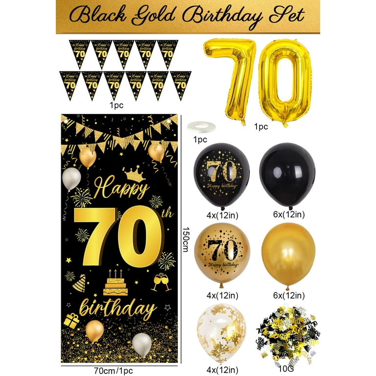 70Th Birthday Decorations Men Women - Black Gold Happy 70 Birthday Backdrop  Bann