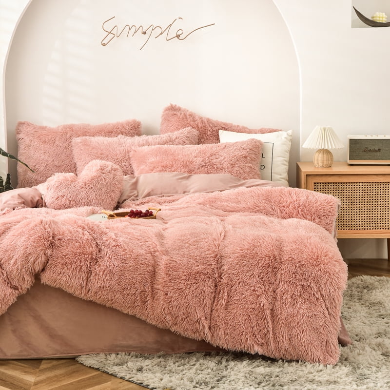 Pink Fluffy Fur Duvet Cover King, Luxury Ultra Soft Calming Comfort